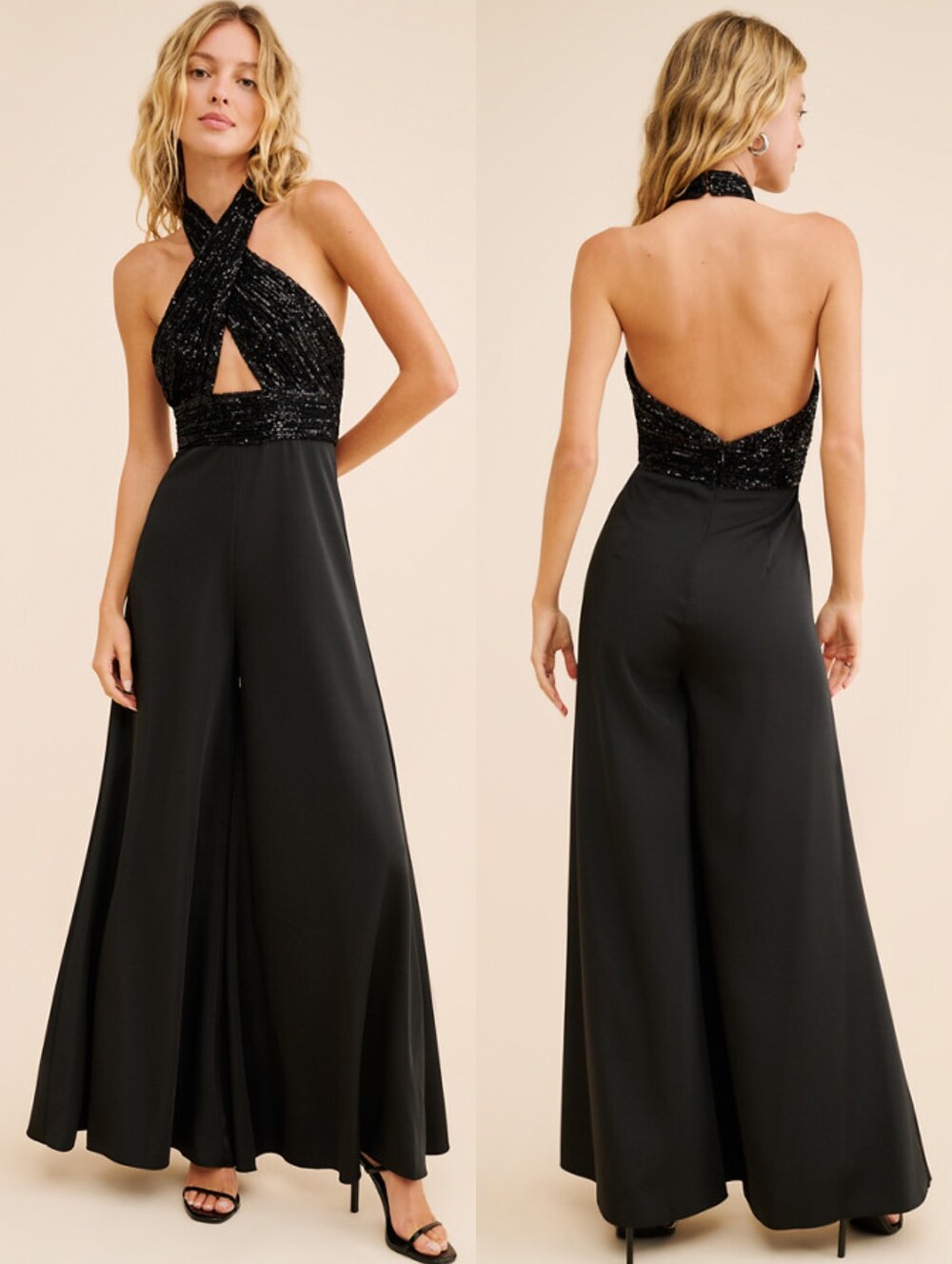 Ieena Mac Duggal Sequined Crisscross Halter Jumpsuit Black